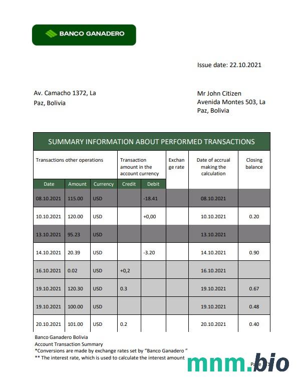 Szablon wyciągu bankowego Boliwii Banco Ganadero w formacie Excel i PDF